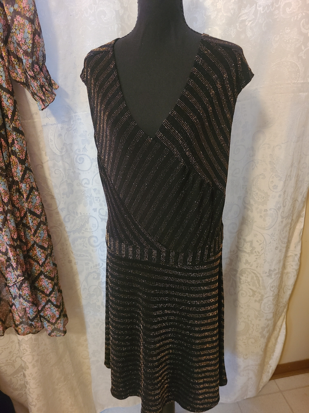 Black Metallic Stripe V-Neck Cap Sleeve Dress